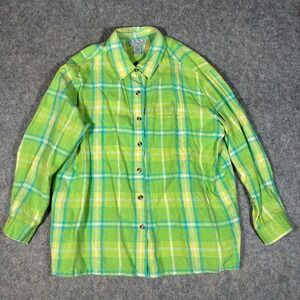 Real Comfort Linen Button Up Shirt Womens 1XL Green Plaid Long Sleeve Colorful